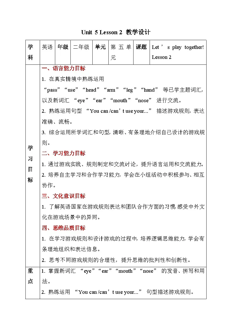 人教PEP2024英语 二下 Unit 5 Lesson 2 教学设计第1页