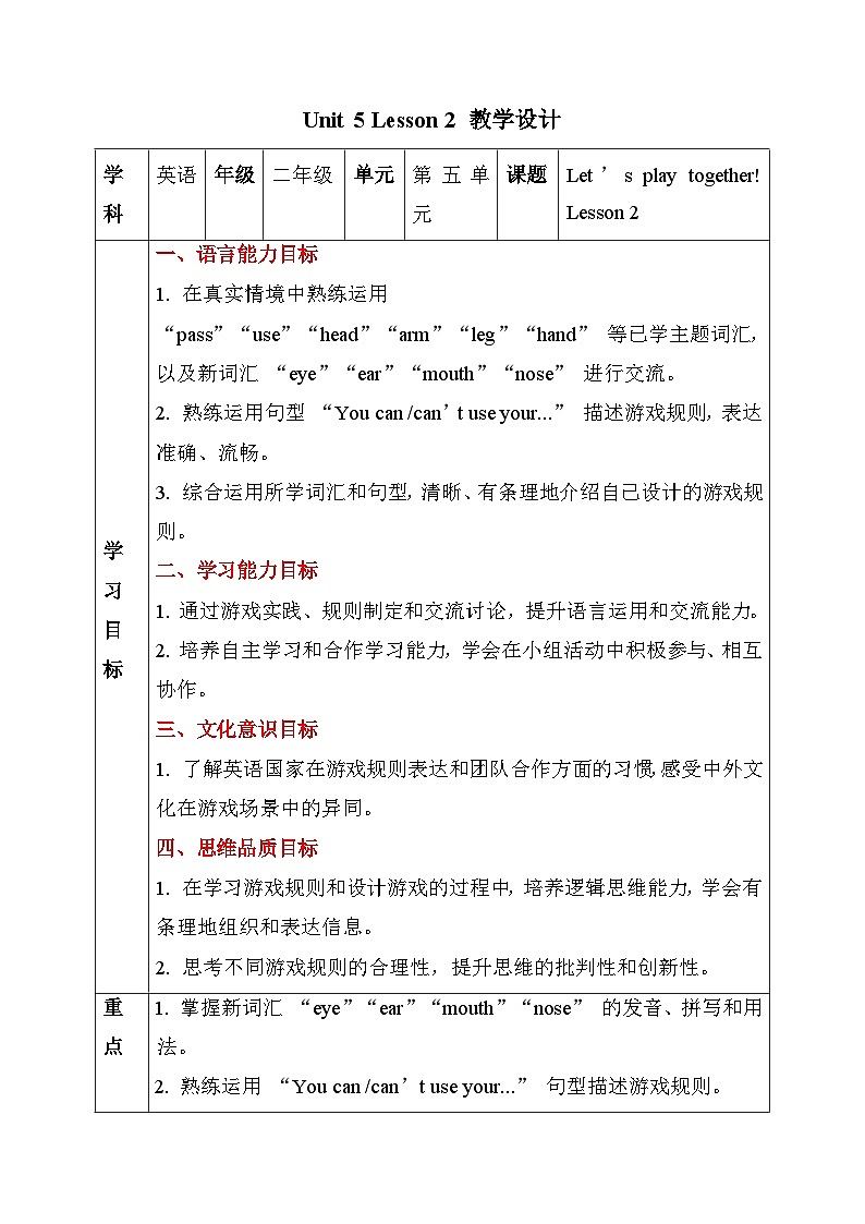 人教PEP2024英语 二下 Unit 5 Lesson 2 教学设计第1页