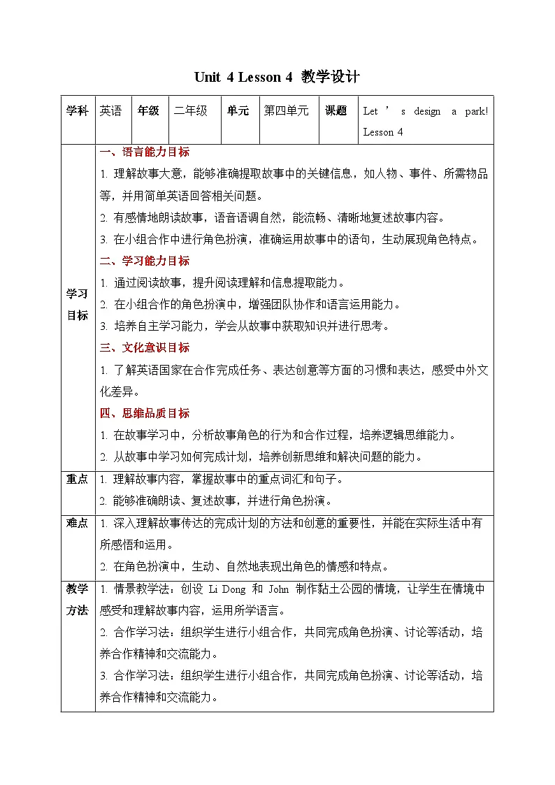 人教PEP2024英语 二下 Unit 4 Lesson 4 教学设计第1页