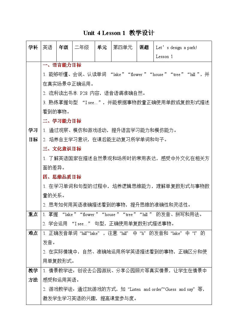 人教PEP2024英语 二下 Unit 4 Lesson 1 教学设计第1页