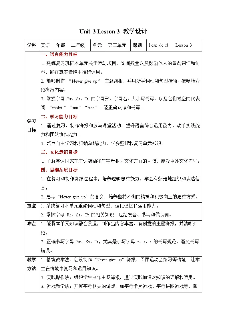 人教PEP2024英语 二下 Unit 3 Lesson 3 教学设计第1页