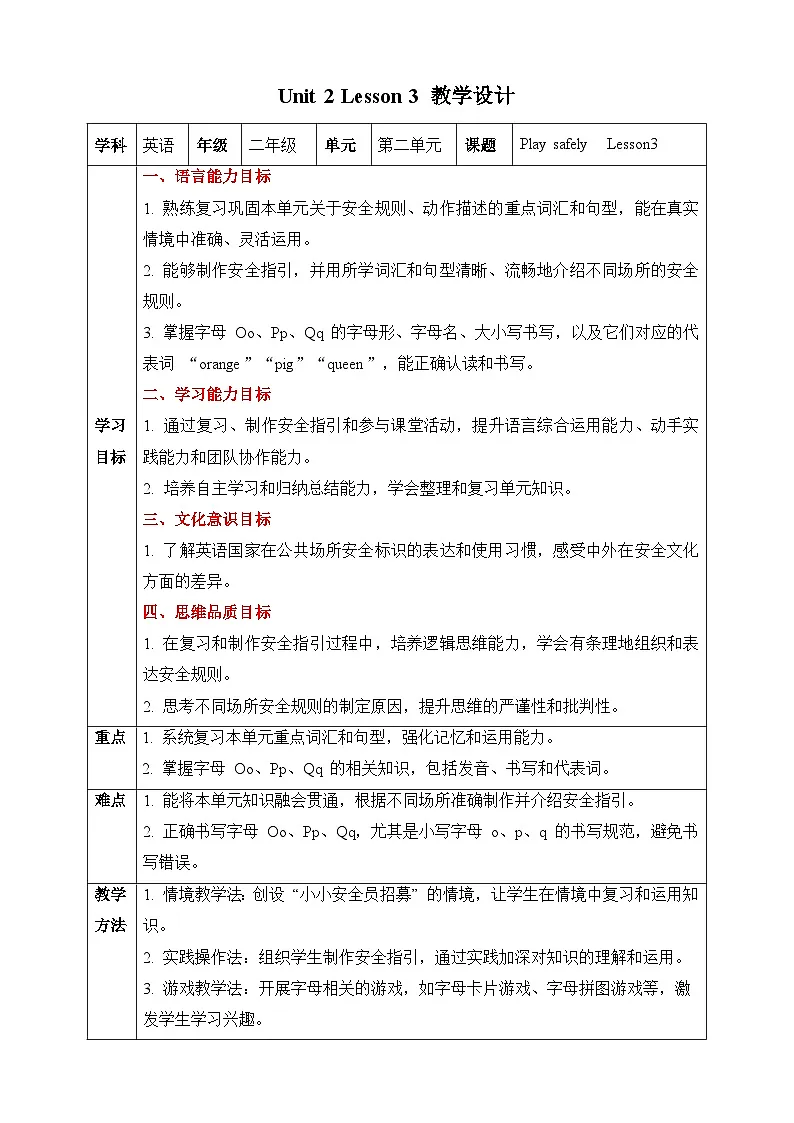 人教PEP2024英语 二下 Unit 2 Lesson 3 教学设计第1页