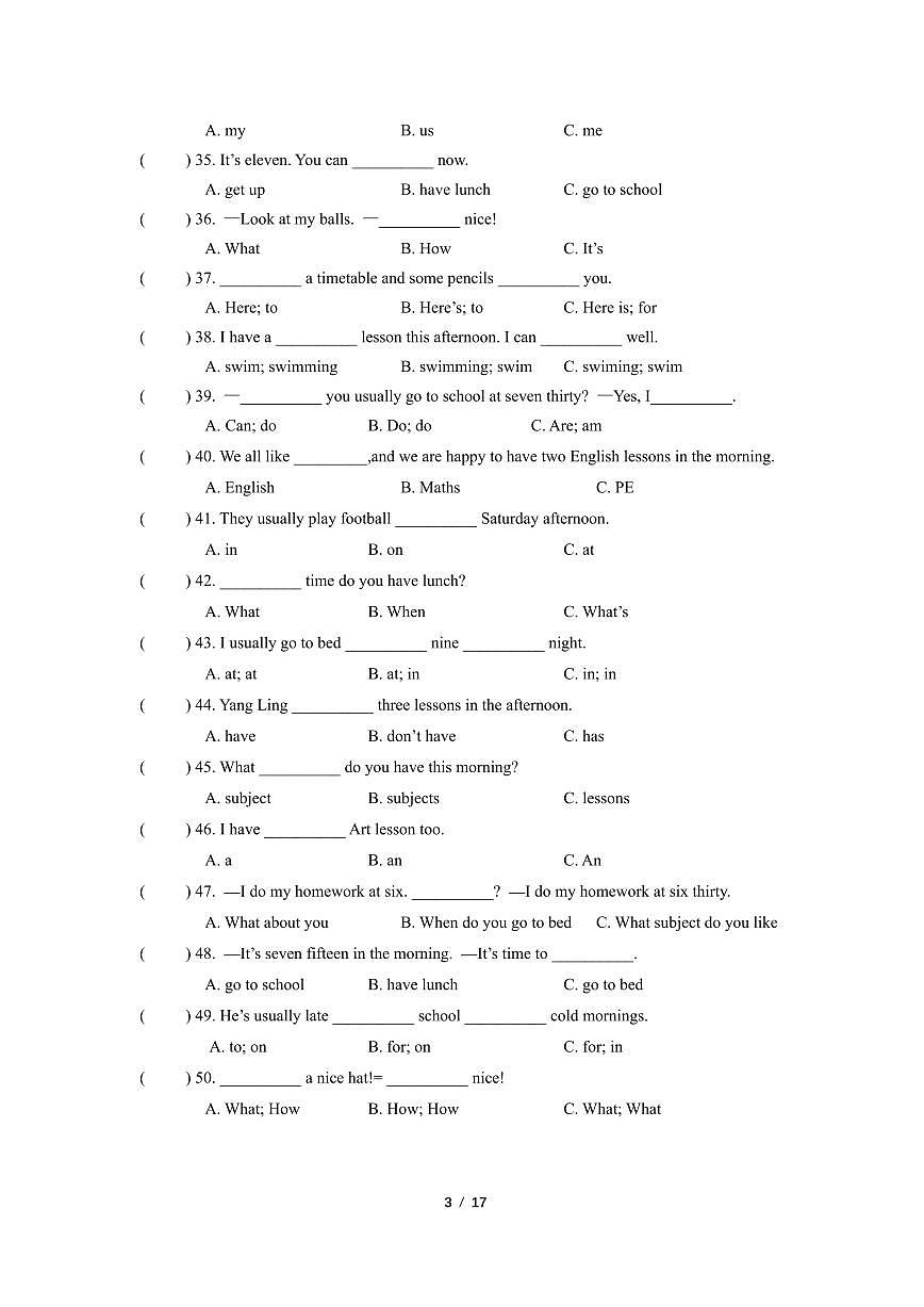 译林版三起四年级下册英语期末专项复习练习--单项选择练习 （含答案）第3页