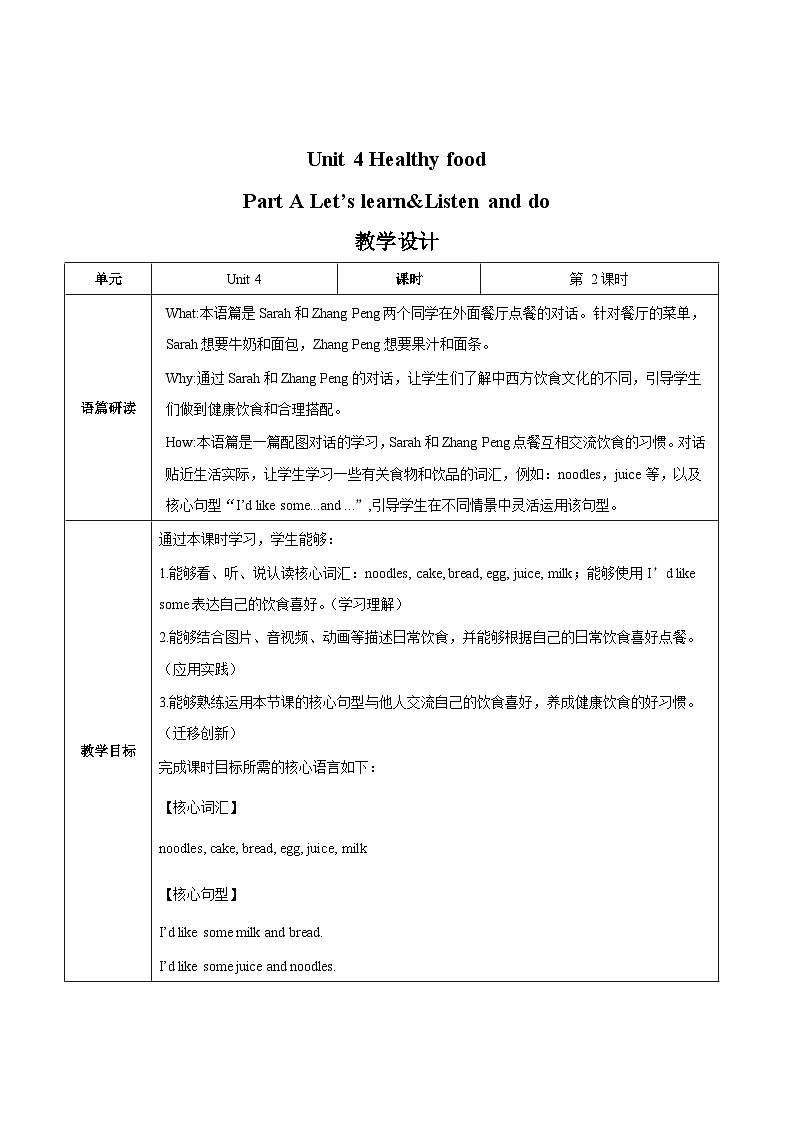 Unit 4 Healthy food Part A Let's learn& Listen and do（教学设计）第1页