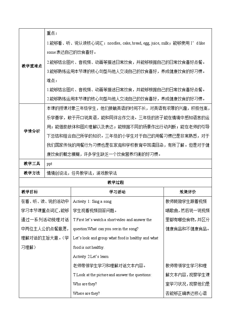 Unit 4 Healthy food Part A Let's learn& Listen and do（教学设计）第2页