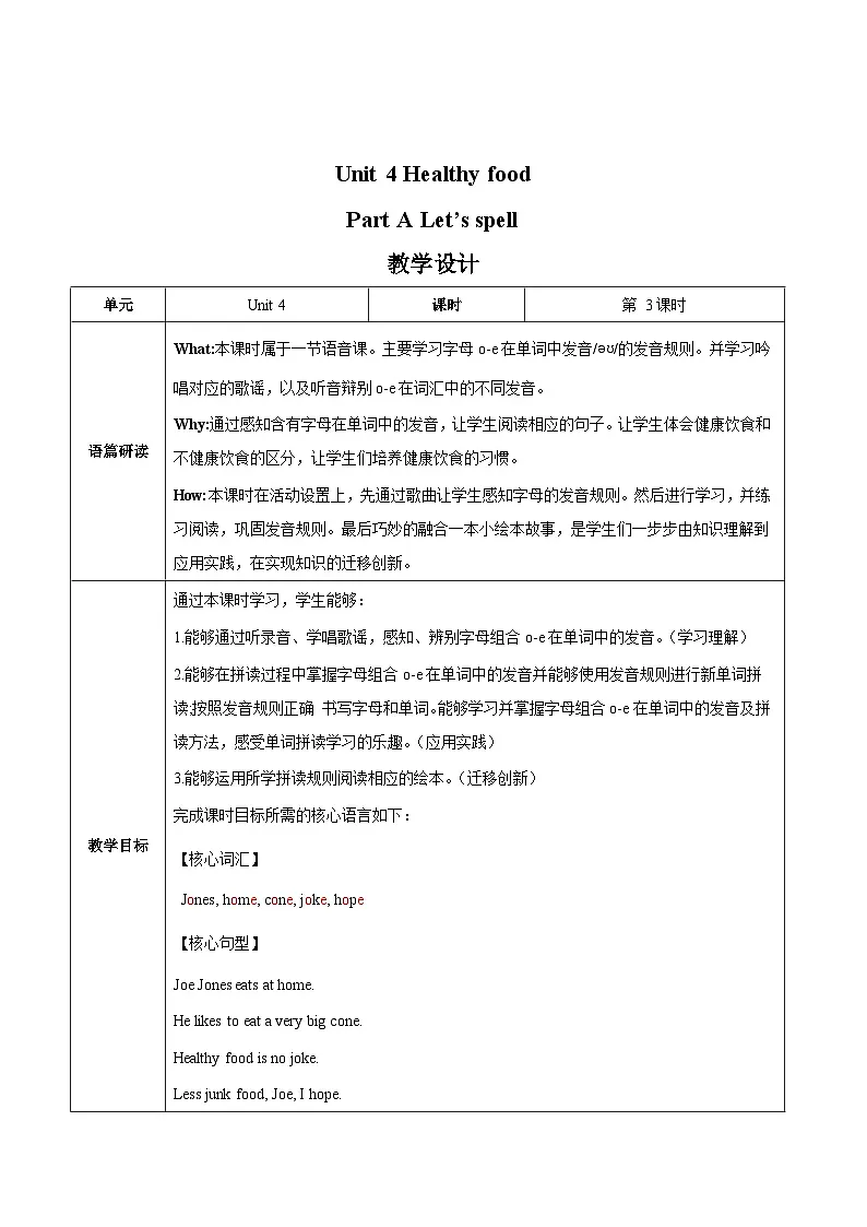 Unit 4 Healthy food Part A Let's spell（教学设计）第1页