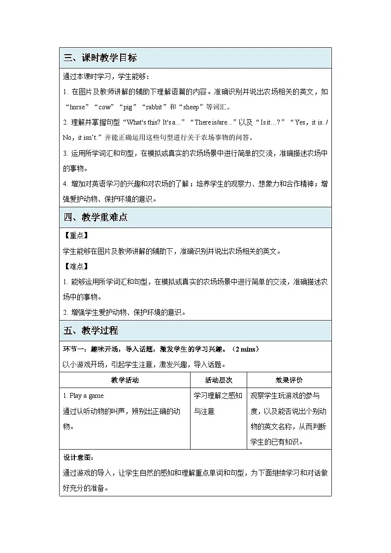Unit 4 Lesson 1Welcome to the farm! 教学设计 英语冀教版（2024）三年级下册第2页