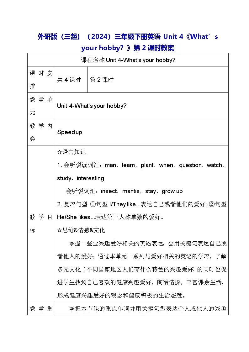 外研版（三起）（2024）三年级下册英语Unit 4《What’s your hobby？》第2课时教案第1页