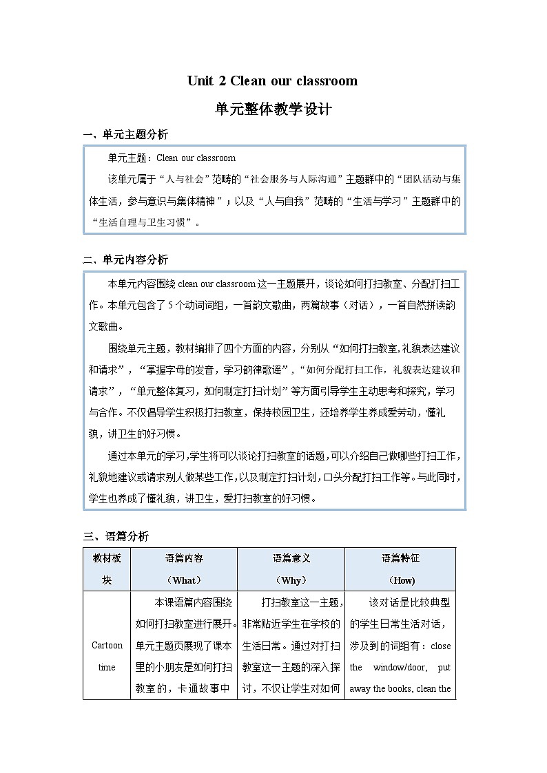 Unit 2 Clean our classroom 单元整体教学设计 英语译林版三起（2024）三年级下册第1页