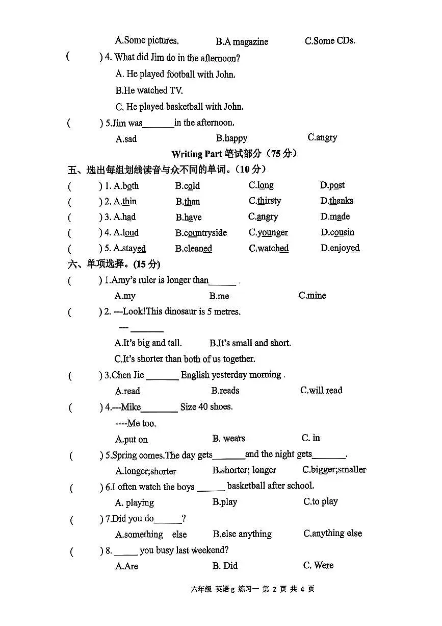 陕西省安康市白河县卡子仓房小学2024-2025学年六年级下学期第一次月考英语试题第2页