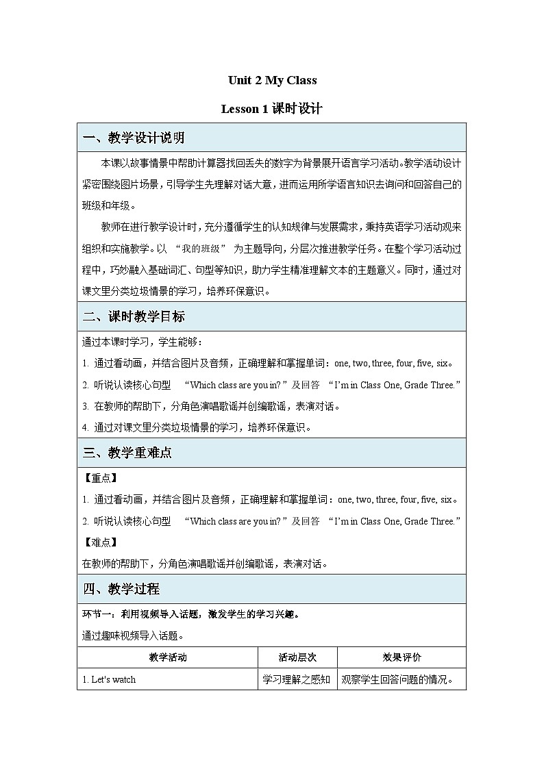 Unit 2 My class Lesson 1 教案、英语人教精通版（2024）三年级下册第1页