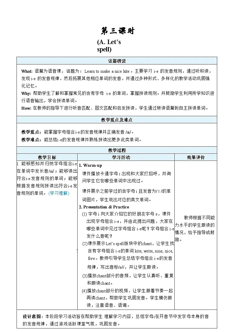 人教版PEP（2024）三年级英语下册Unit 3第3课时A Let's spell表格式教案第1页