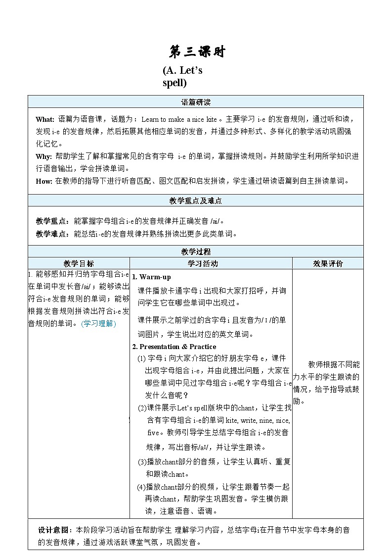 人教版PEP（2024）三年级英语下册Unit 3第3课时A Let's spell表格式教案第1页