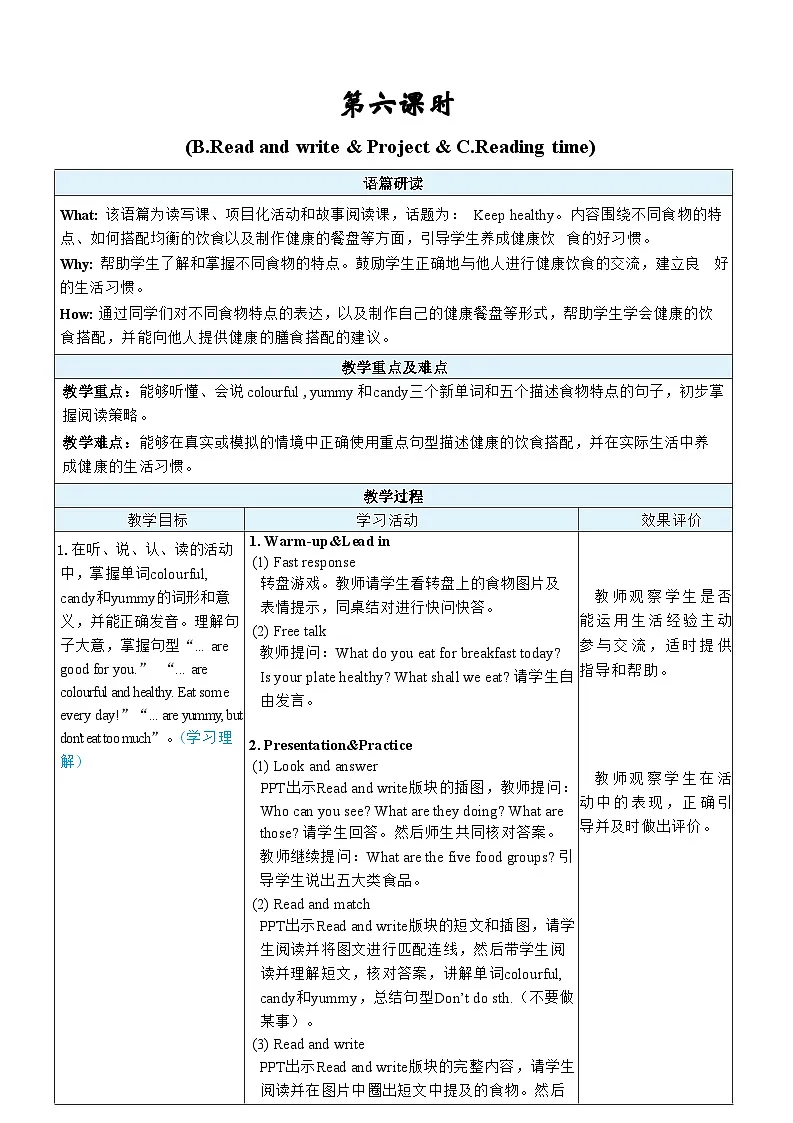 人教版PEP（2024）三年级英语下册Unit 4第6课时B Read and write, C Project ＆ Reading time表格式教案第1页