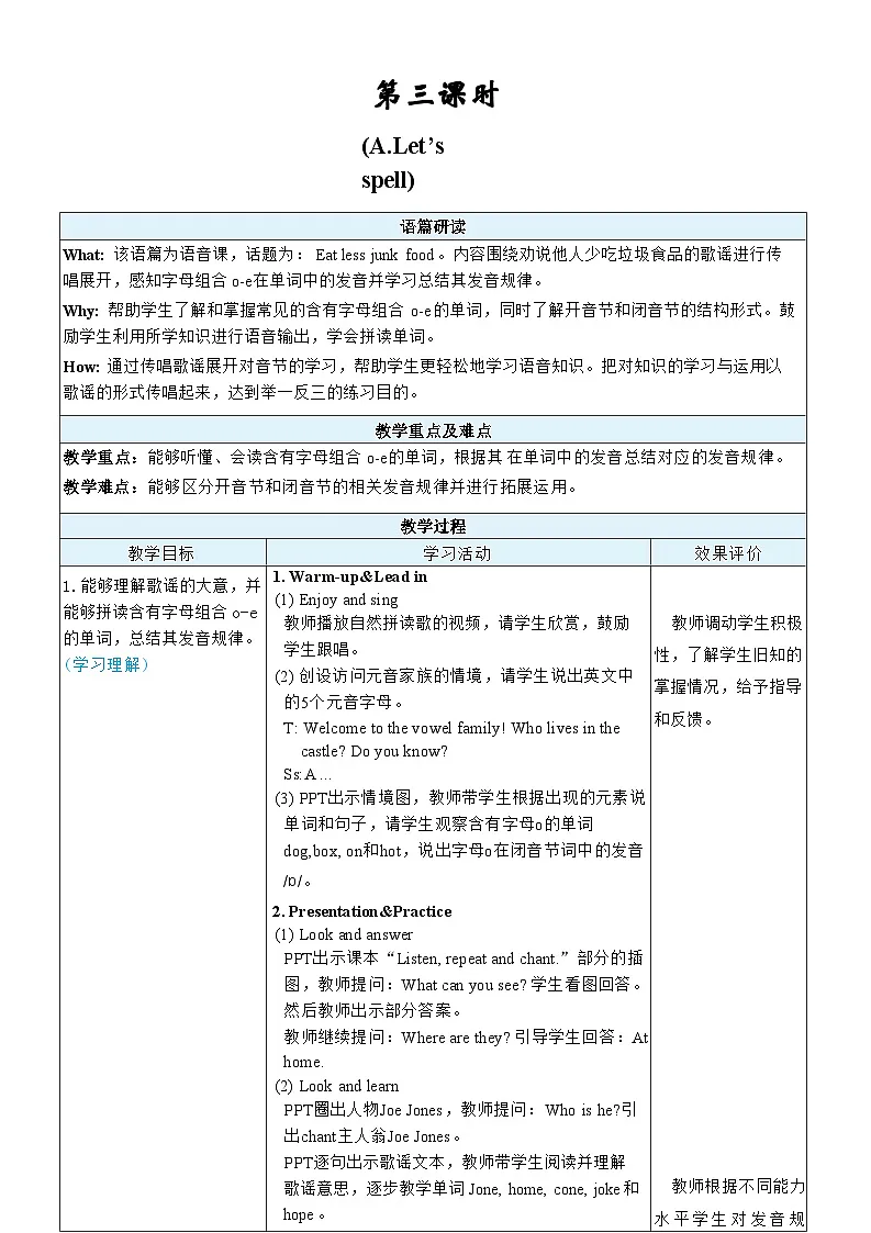 人教版PEP（2024）三年级英语下册Unit 4第3课时A Let's spell表格式教案第1页