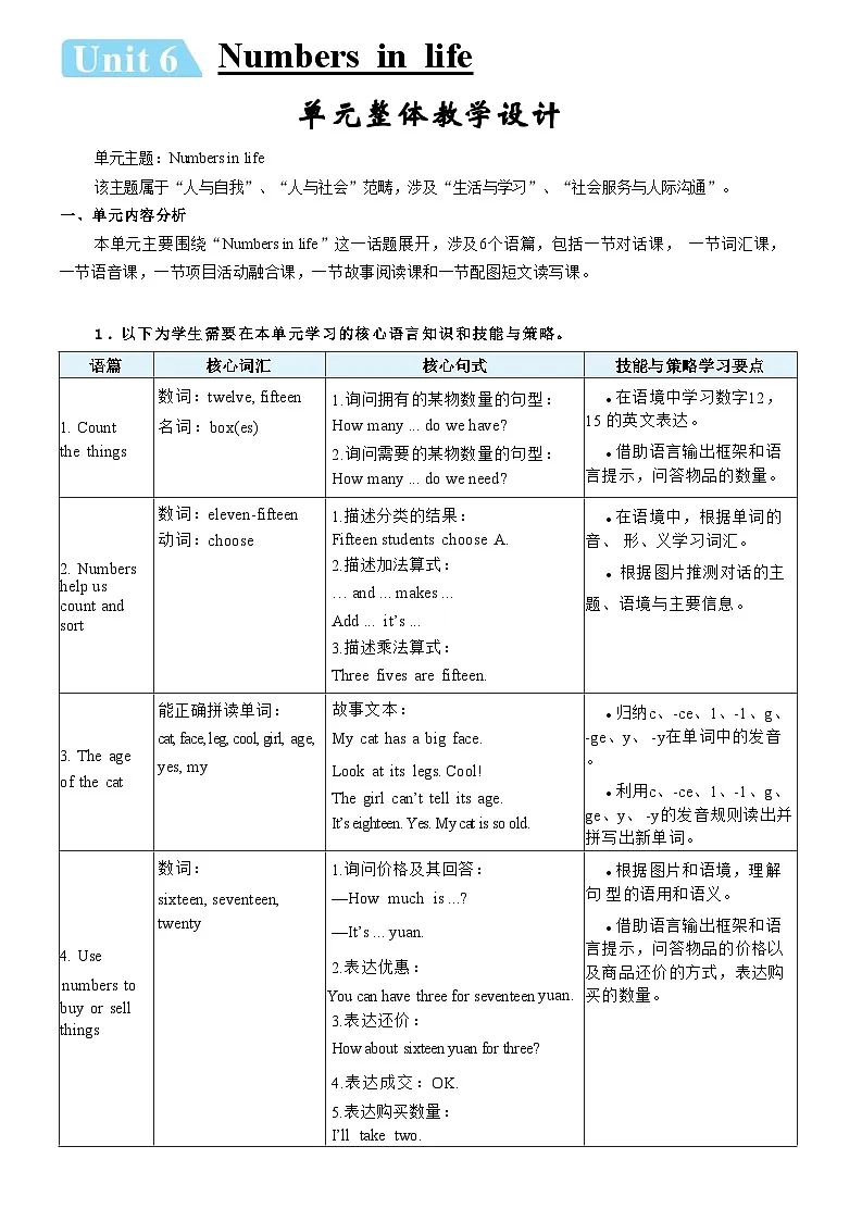 人教版PEP（2024）三年级英语下册Unit 6第1课时A Let's talk & Count and say表格式教案第1页