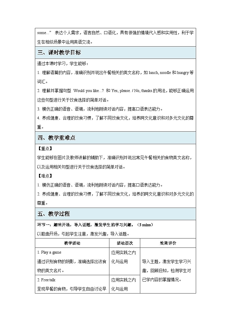 Unit 2 Lesson 2 A good lunch教案 英语冀教版（2024）三年级下册第2页