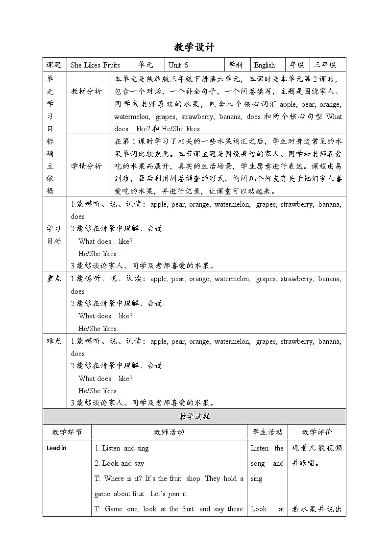Unit 6 She Likes Fruits Part A Let's learn & Let's practice 教案第1页