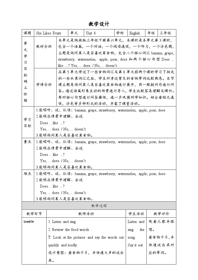 Unit 6 She Likes Fruits Part B Let's talk & Let's check 教案第1页
