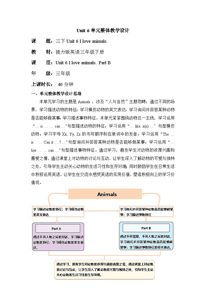 Unit 6 I love animals Part B 单元教学设计-接力版三下第1页