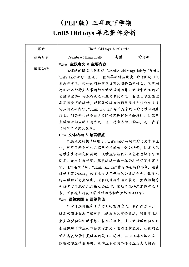 Unit5 Old toys A let's talk 教案 三年级英语下册 人教PEP版第1页