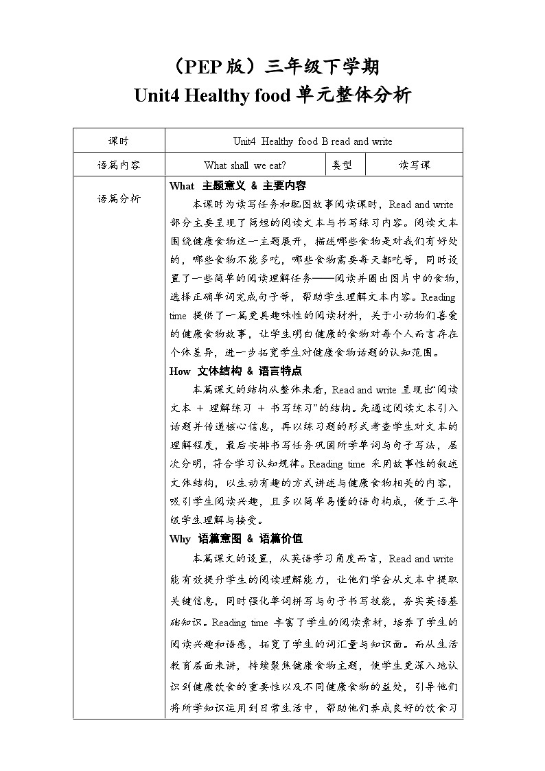 Unit4 Healthy food B read and write 教案 三年级英语下册 人教版PEP第1页