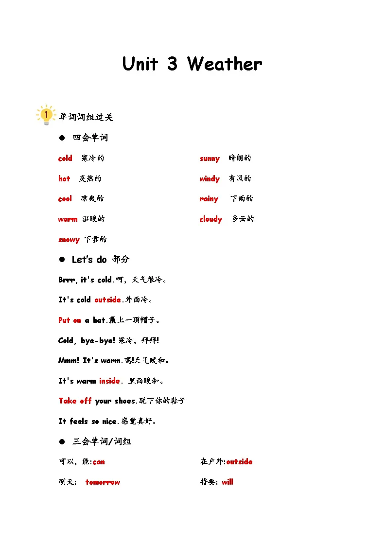 人教版四年级下册知识点整理 Unit 3 weather 知识点整理第1页