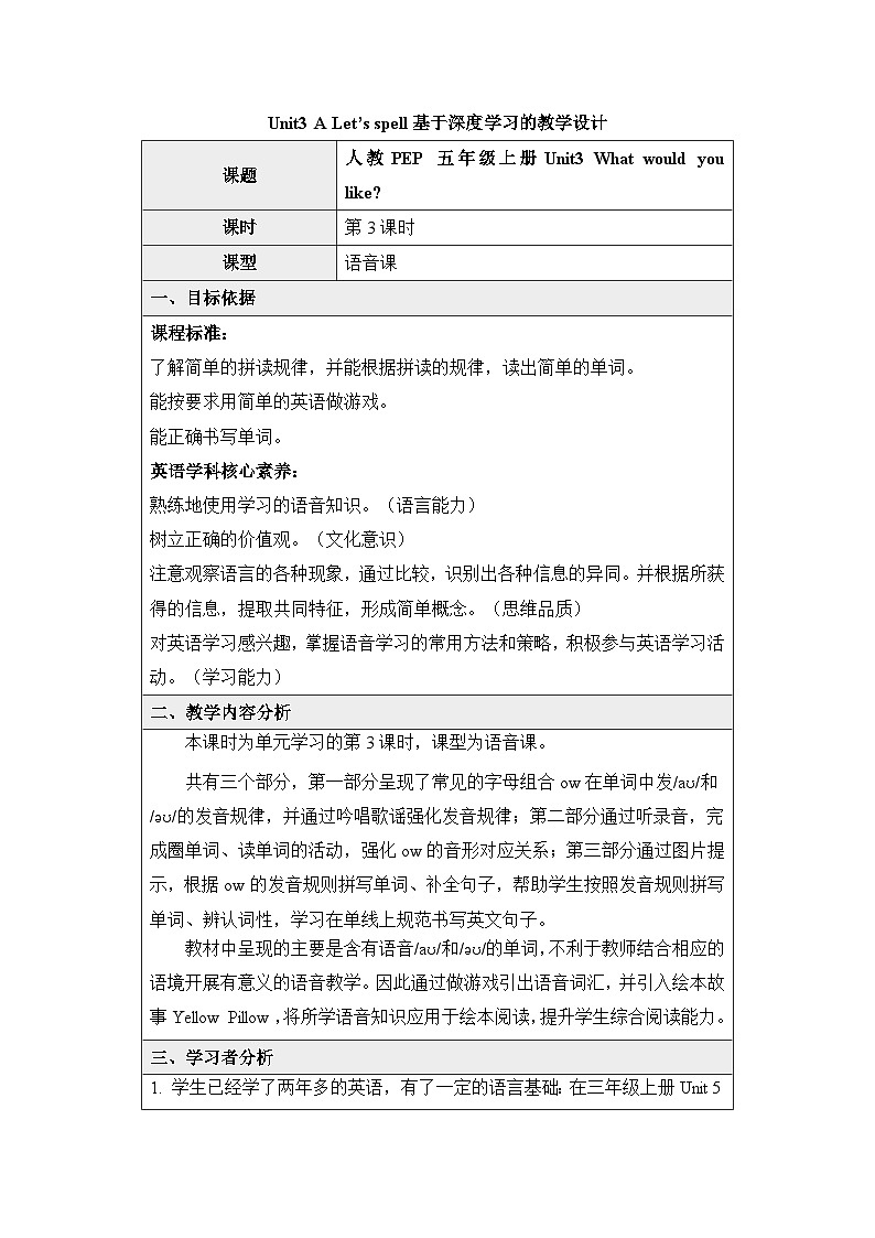 新人教PEP小学英语五上 Unit3_A_Let’s_spell基于深度学习的教学设计第1页
