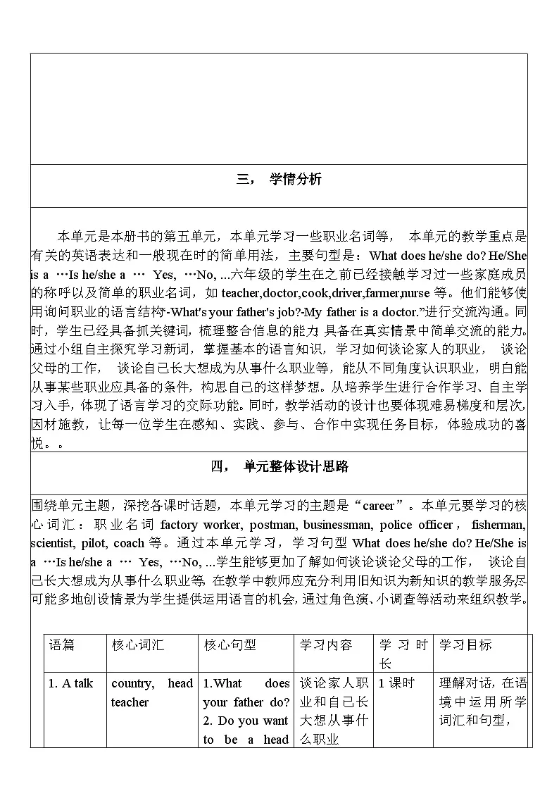 【单元整体教学设计】Unit 5 What does he do PB Let's learn 教案第2页