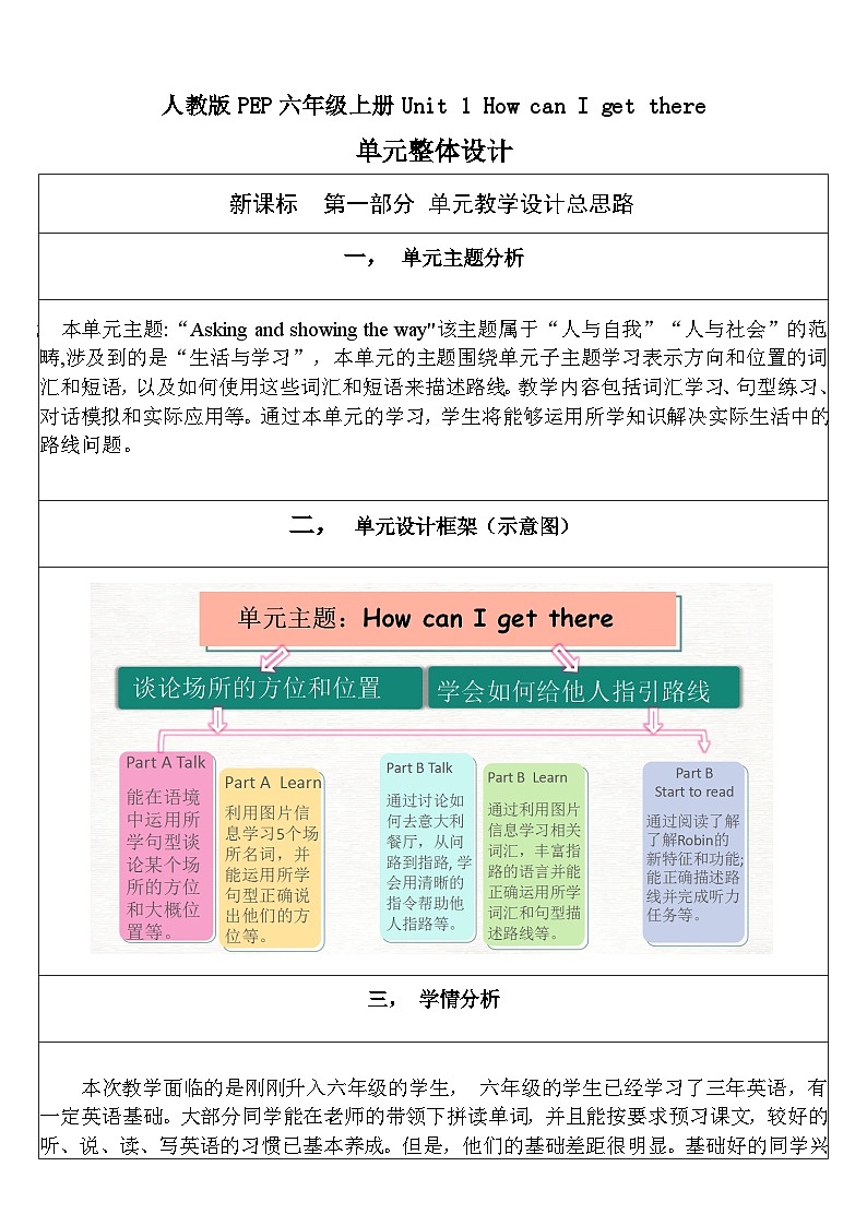 【单元整体教学设计】Unit 1 How can I get there PB Read and write 教案第1页