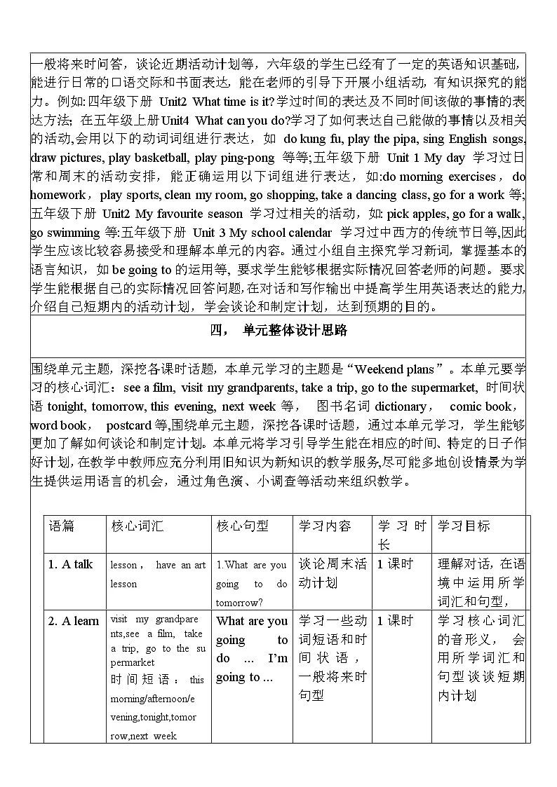 【单元整体教学设计】Unit 3 My weekend plan PA Let's learn 教案第2页