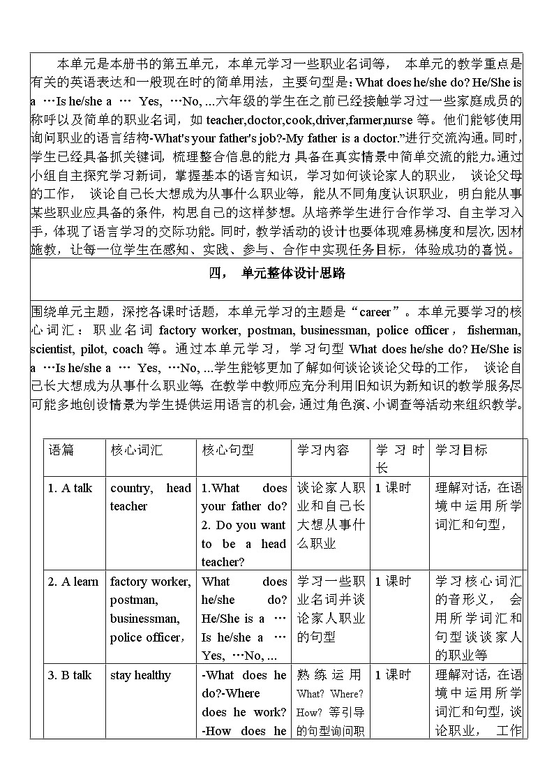 【单元整体教学设计】Unit 5 What does he do PA Let's learn 教案第2页
