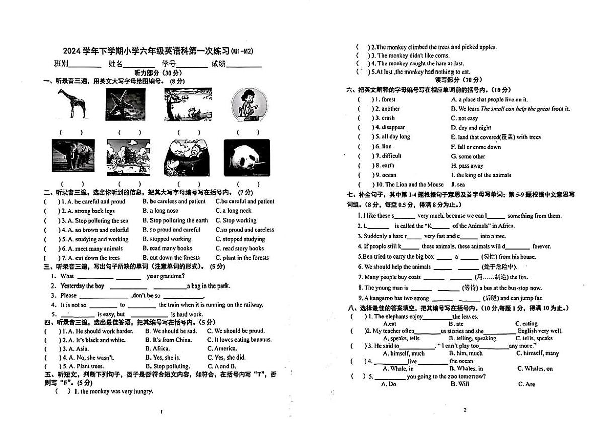 广东省广州市番禺区2024-2025学年六年级下学期月考英语试题第1页
