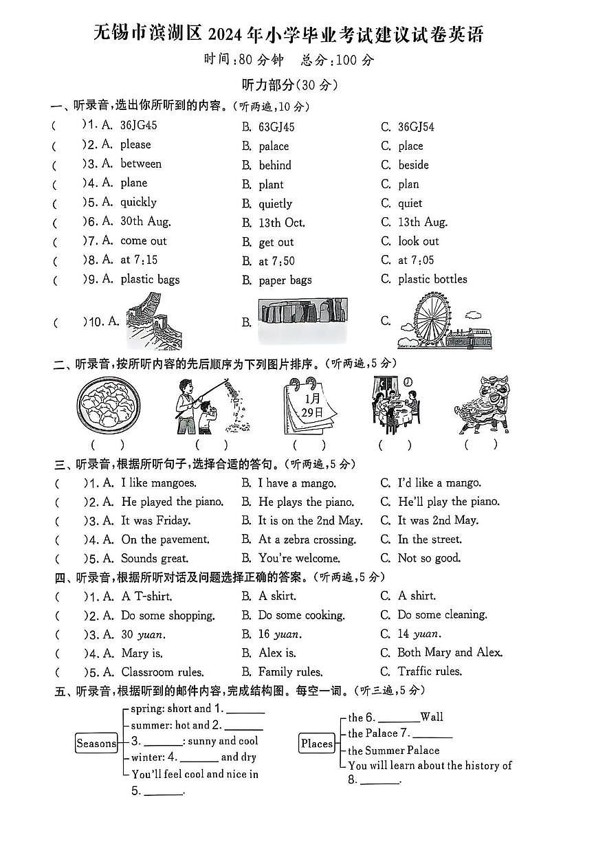 江苏省无锡市滨湖区2023-2024学年六年级下学期期末英语试题第1页