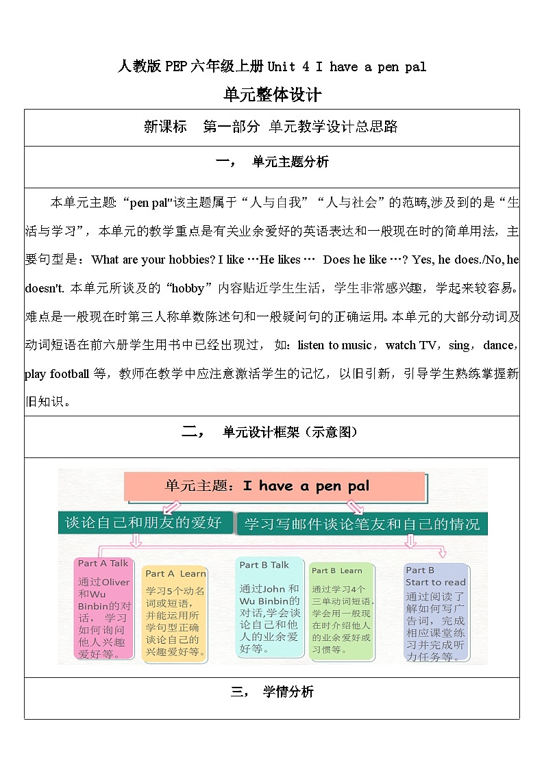 【单元整体教学设计】Unit 4 I have a pen pal PB Let's talk 教案第1页