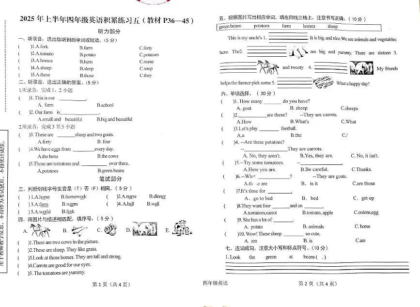 陕西省汉中市西乡县2024-2025学年四年级下学期5月月考英语试题第1页