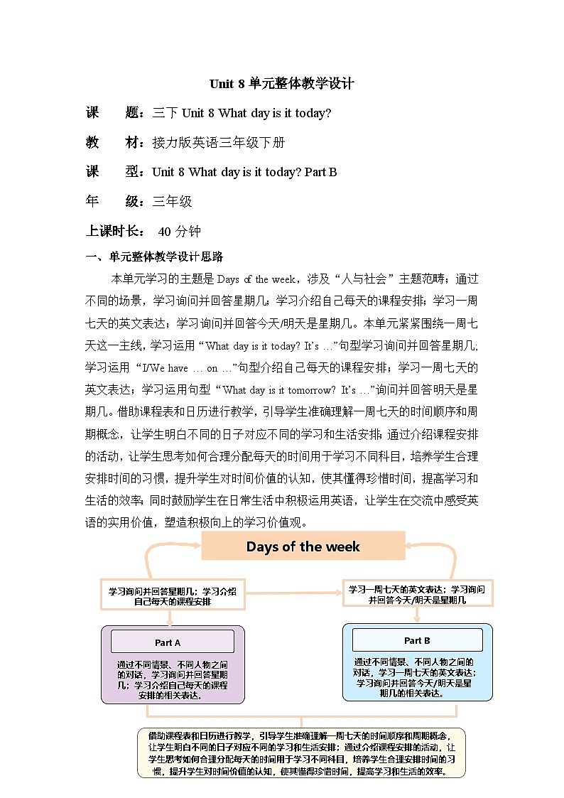 Unit 8 What day is it today Part B 单元教学设计第1页