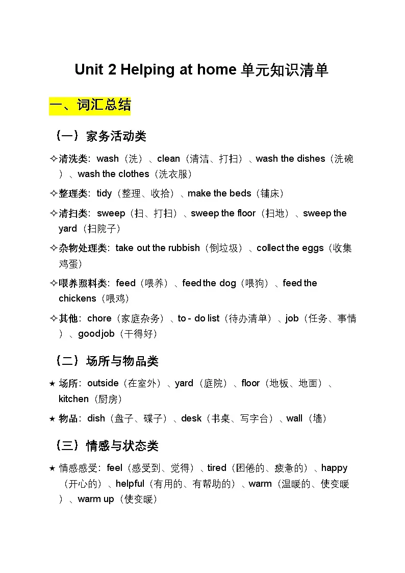 外研版2024年四年级英语上册Unit 2 Helping at home单元知识清单（含书面表达）第1页