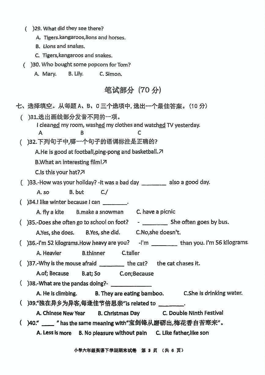 湖北省黄石市白马山小学2023-2024学年六年级下学期期末英语试卷第3页