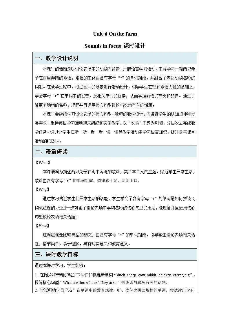 Unit 6 On the farm第2课Sounds in focus 教案 英语译林版（2024）三年级下册第1页