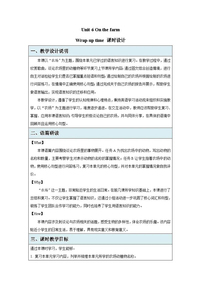 Unit 6 On the farm第4课Wrap-up time 教案 英语译林版（2024）三年级下册第1页