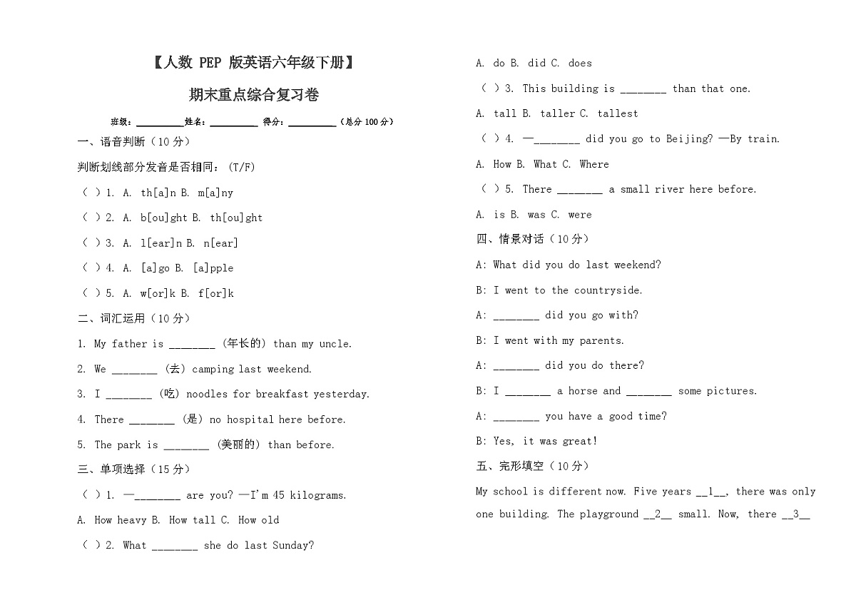 期末重点综合复习卷（专项训练）-2024-2025学年人教PEP版（2012）英语六年级下册第1页