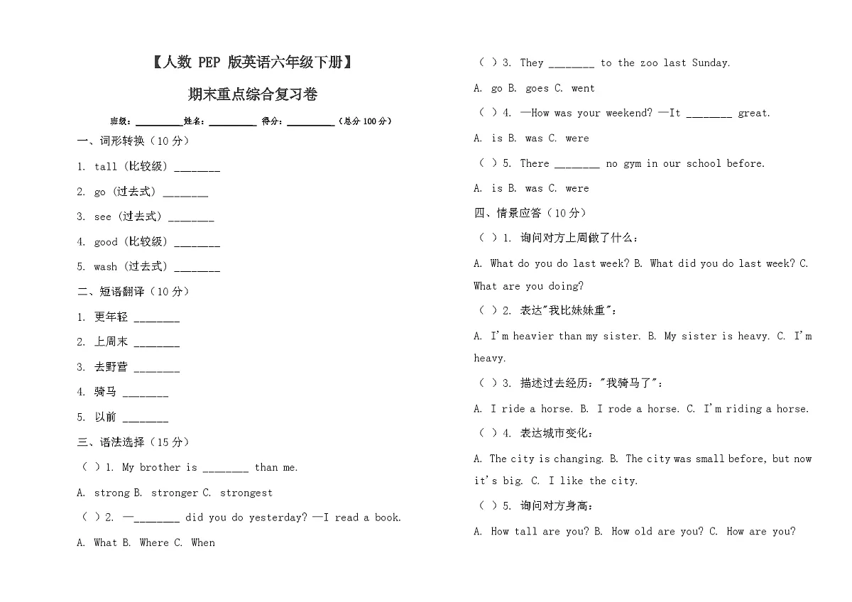 期末重点综合复习卷（专项训练）-2024-2025学年人教PEP版（2012）英语六年级下册第1页