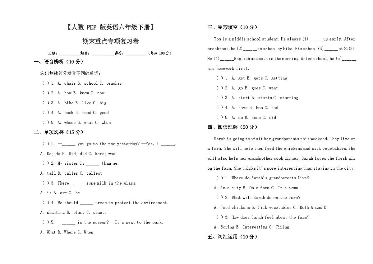 期末重点专项复习卷（专项训练）-2024-2025学年人教PEP版（2012）英语六年级下册第1页
