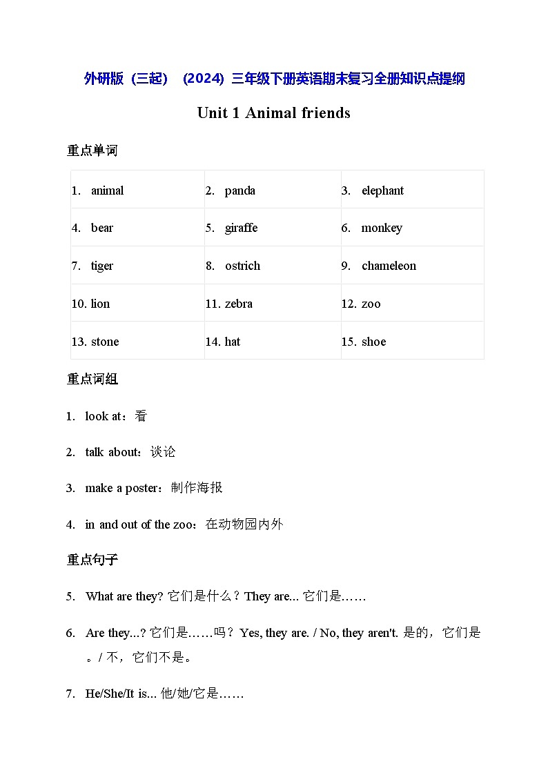 外研版（三起）（2024）三年级下册英语期末复习全册知识点提纲 学案第1页