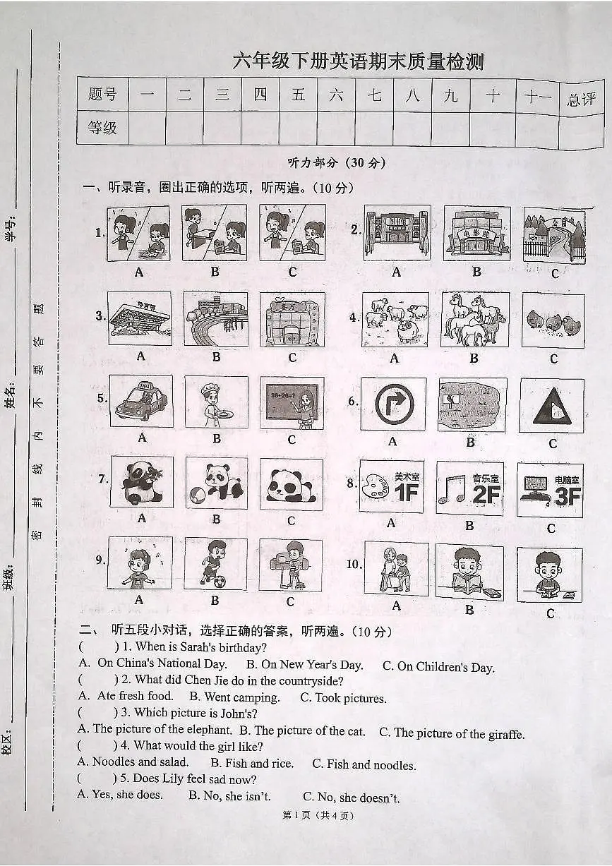 安徽省合肥市肥东县2024-2025学年第二学期六年级英语期末试卷（无答案）第1页