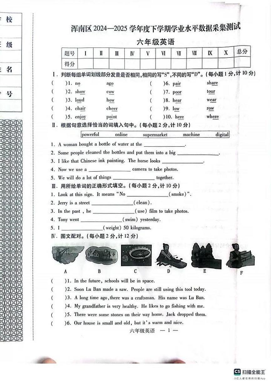 辽宁省沈阳市浑南区2024-2025学年第二学期六年级英语期末试卷（无答案）第1页