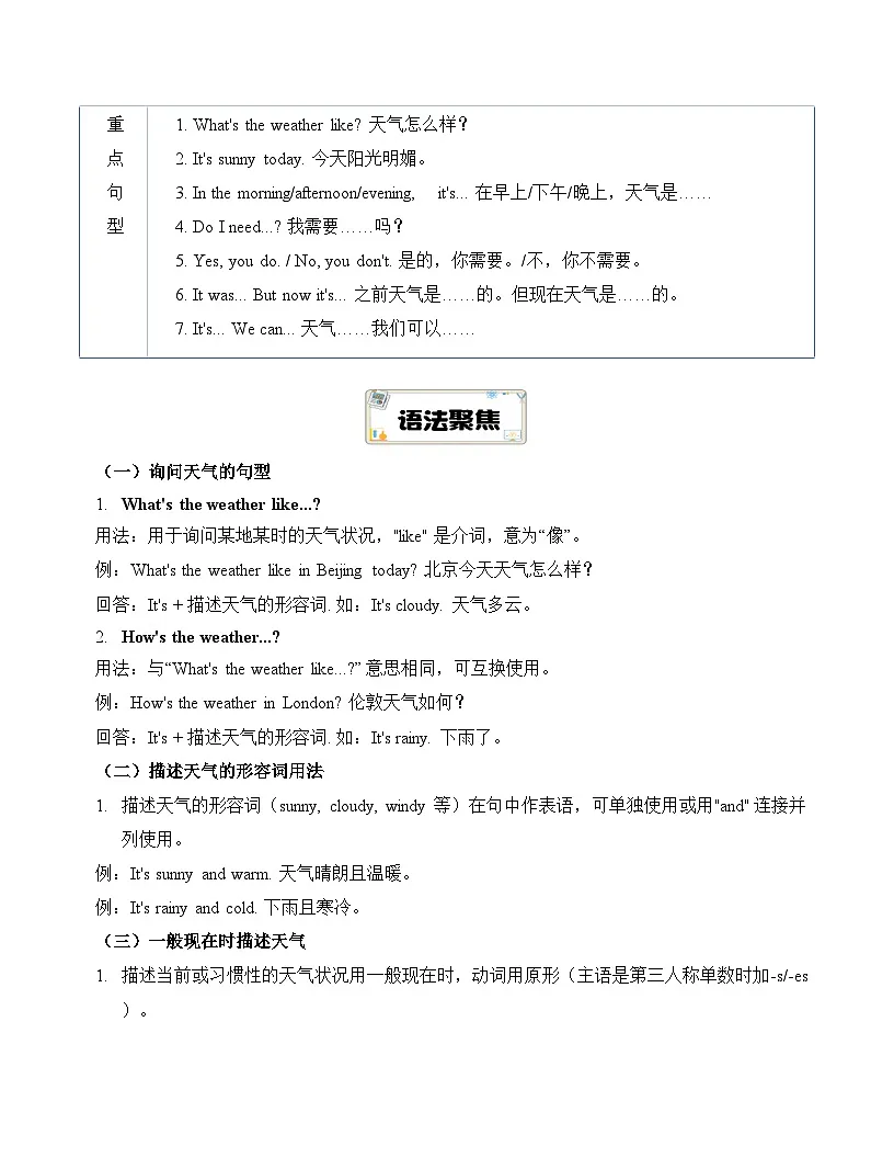 Unit 3 What's the weather like 知识点总结与练习（含答案） 2025-2026学年外研版（三起）英语（新教材）四年级上册第2页