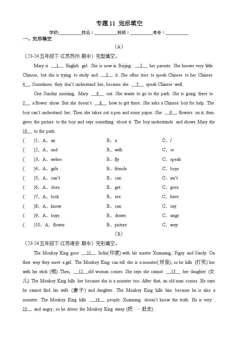 专题11+完形填空-2024-2025学年五年级英语下学期期中复习讲练测（译林版三起）-A4第1页