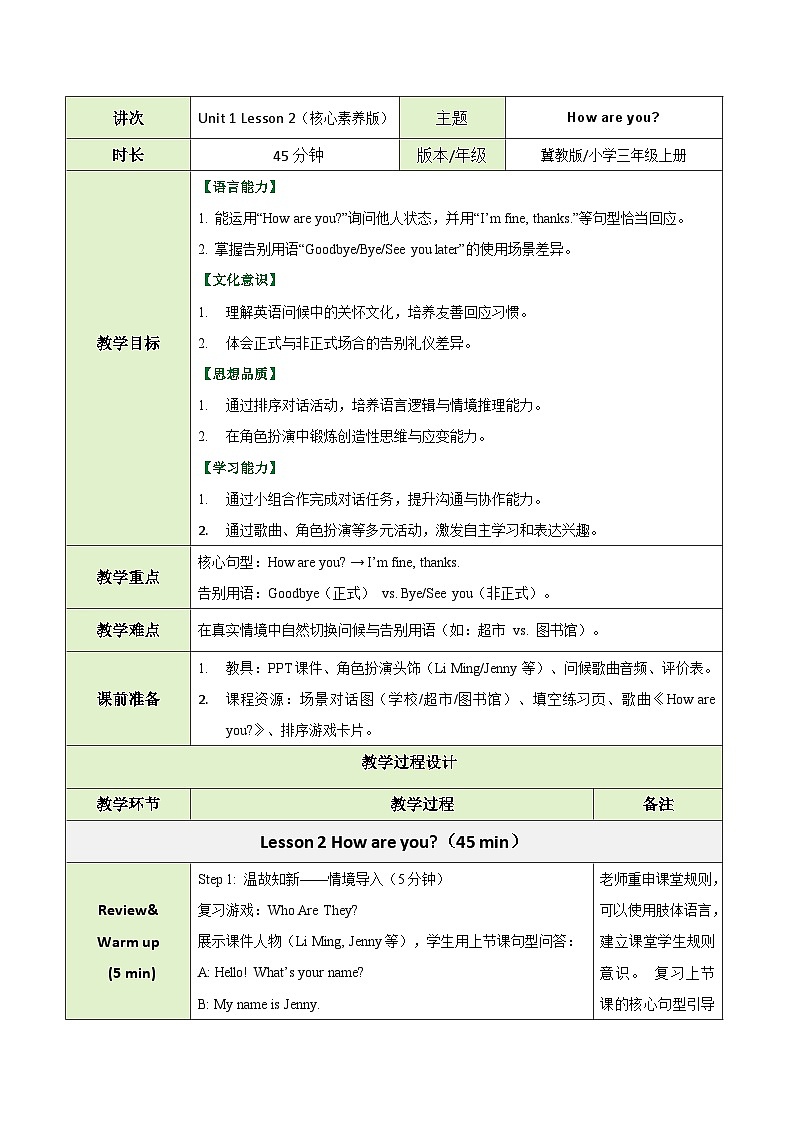 【教案】Lesson 2 How are you？第1页
